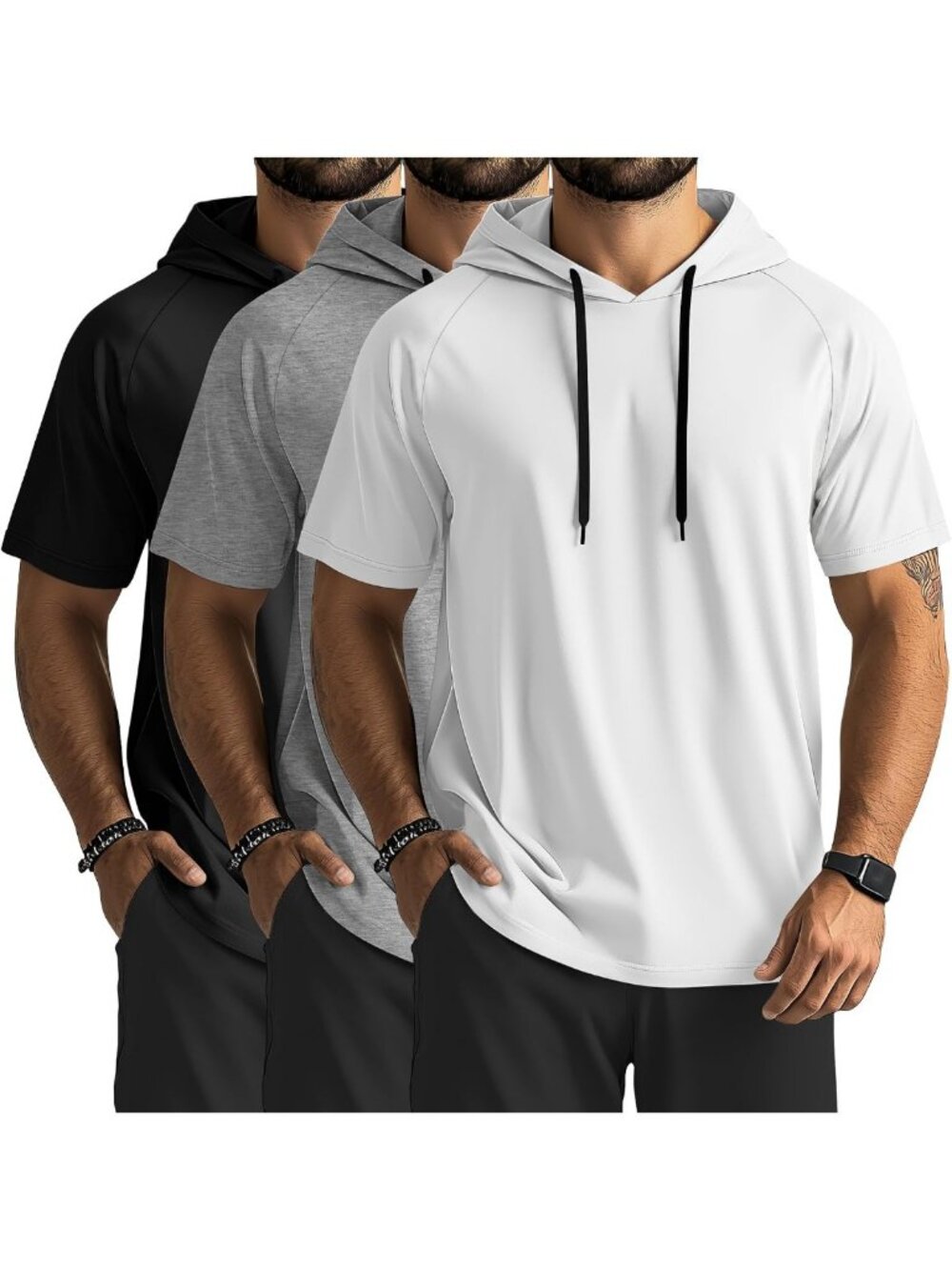 Men's Short Sleeve Workout Hoodies - 3 Pack, Lightweight, Breathable Fitness